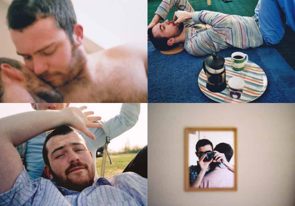 Four stills from the photography of Quinnford and Scout, depicting a gay couple's intimate, domestic relationship together.