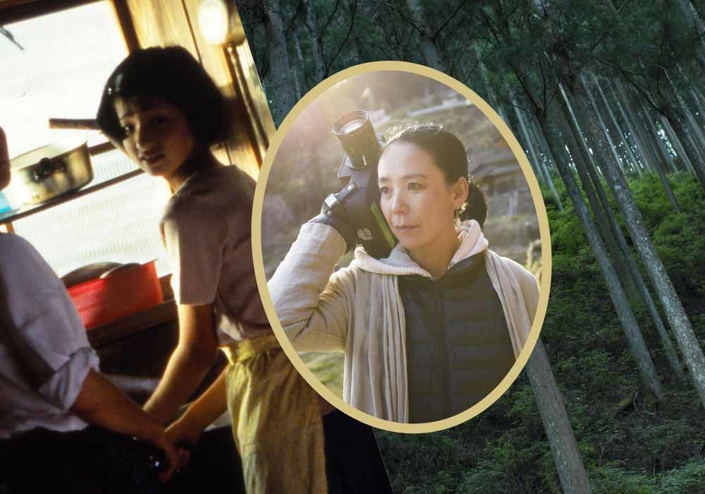 An image with an oval photo of director Naomi Kawase, in front of two stills from two of her films: Suzaku and Vision, which are both screening in Japan Society's Flash Forward series.
