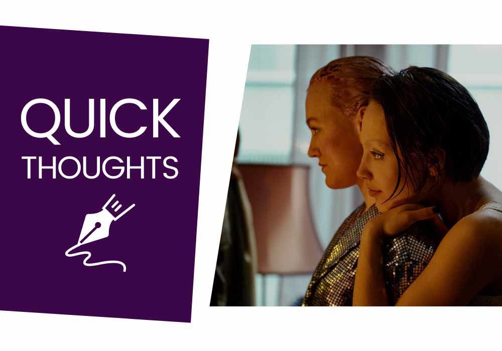 In a still from Girl Picture, one teenage girl leans on her friend as both look in the mirror. Next to this still is a purple block featuring white text that reads, 'Quick thougts,' above a cartoon drawing of a pen drawing a line on a page.