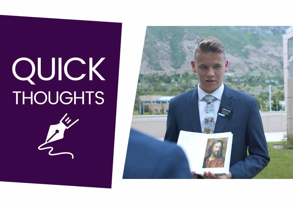 A still from The Mission, in which a young man in a blue sit holds up a picture of Jesus to show the people across from him. The text on the image reads, 'Quick thoughts'.