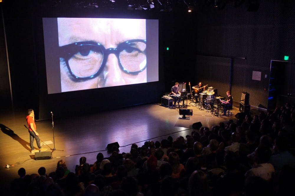 The world premiere of Sam Green's live documentary The Love Song for R. Buckminster Fuller in San Francisco at the SFMOMA.