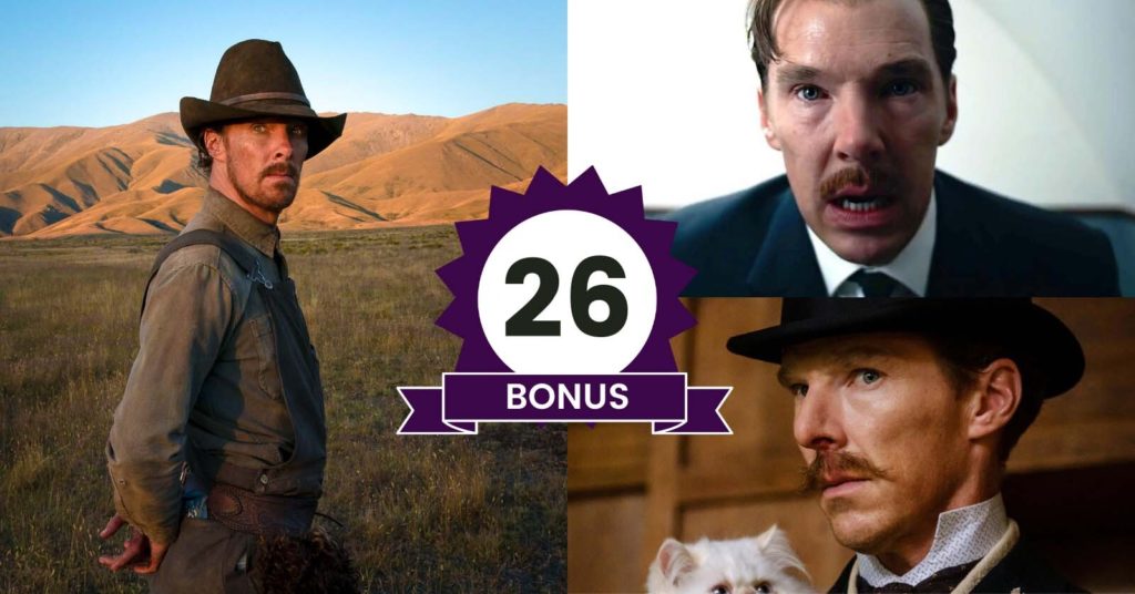 Benedict Cumberbatch in three roles. Dressed as an early 20th century rancher in The Power of the Dog, wearing a modern suit in The Courier, and wearing 19th a century suit and holding a cat in The Electrical Life of Louis Wain. 