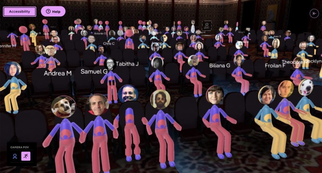 Screen shot of the virtual screening of 32 Sounds at Sundance 2022, a live documentary watched in a virtual theatre from people's homes. This image is courtesy of Sam Green.
