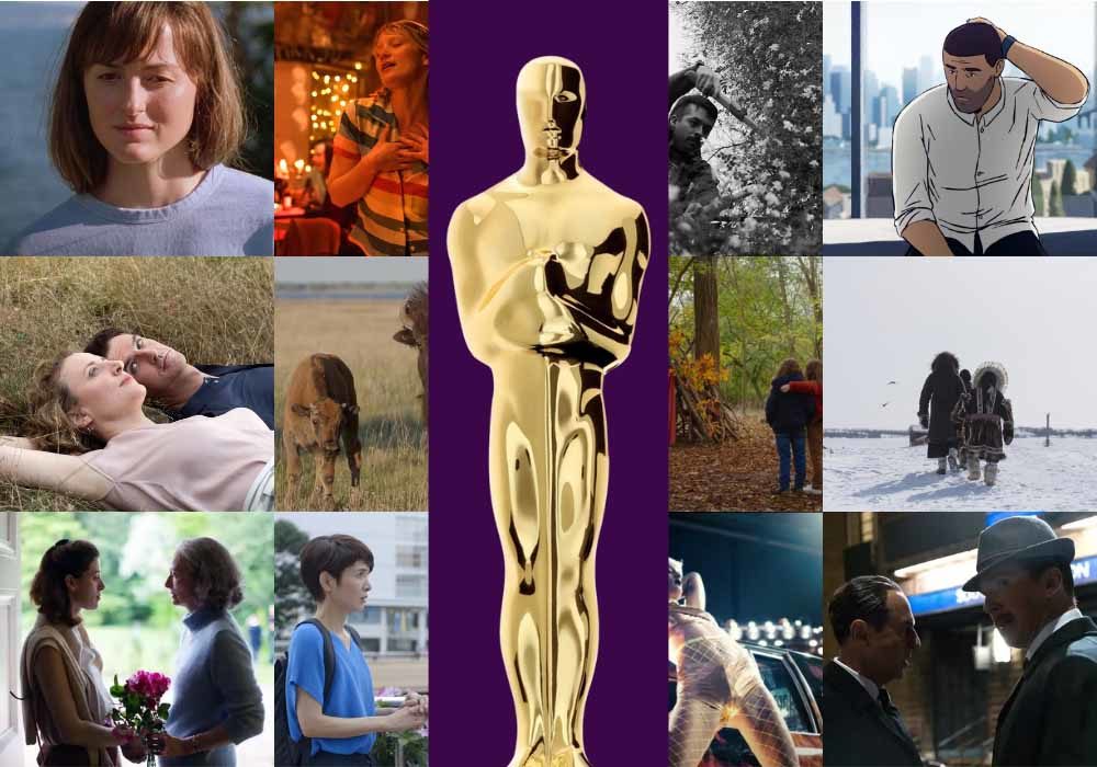 A collage of stills of films from our alternate 2022 Oscars, with a picture of a golden Oscar statue in the centre.