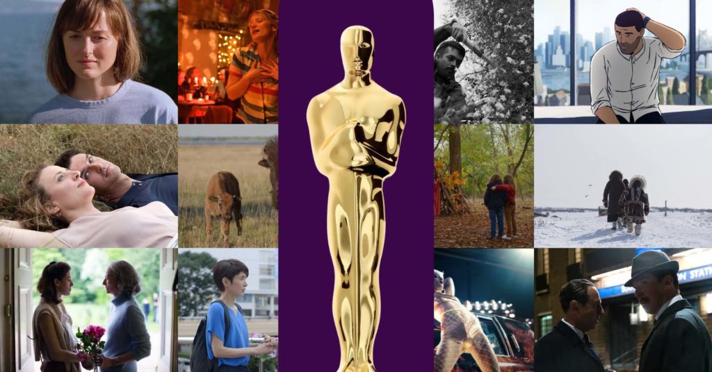 A collage of stills of films from our alternate 2022 Oscars, with a picture of a golden Oscar statue in the centre.