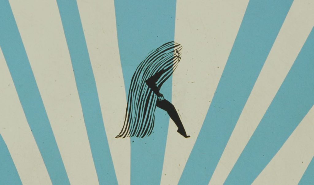 Still of Jeanne's animated avatar from Everybody Loves Jeanne, directed by Céline Devaux, and screening the Semaine de la Critique at Cannes 2022. The background has thick diagonal blue and beige stripes and Jeanne is a black silhouette with eyes and extremely long hair.