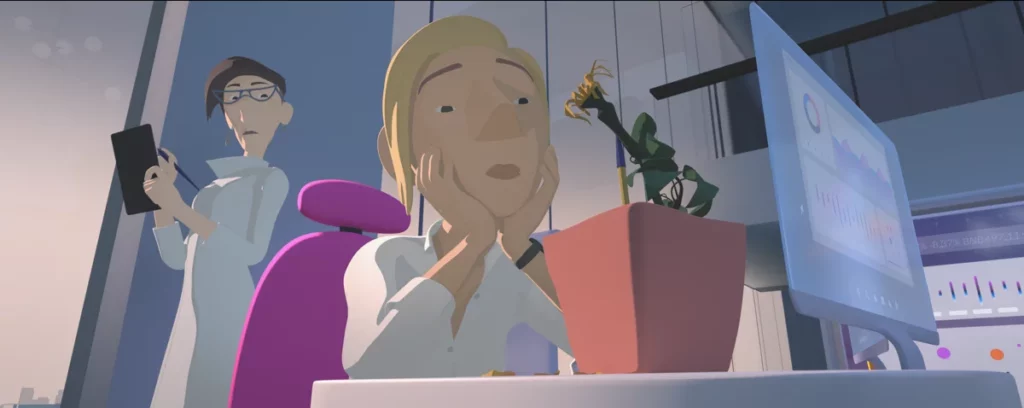 Still of Rosa at her job in the city (3D digital figures on a 2D background) in Nuno Beato's My Grandfather's Demons.