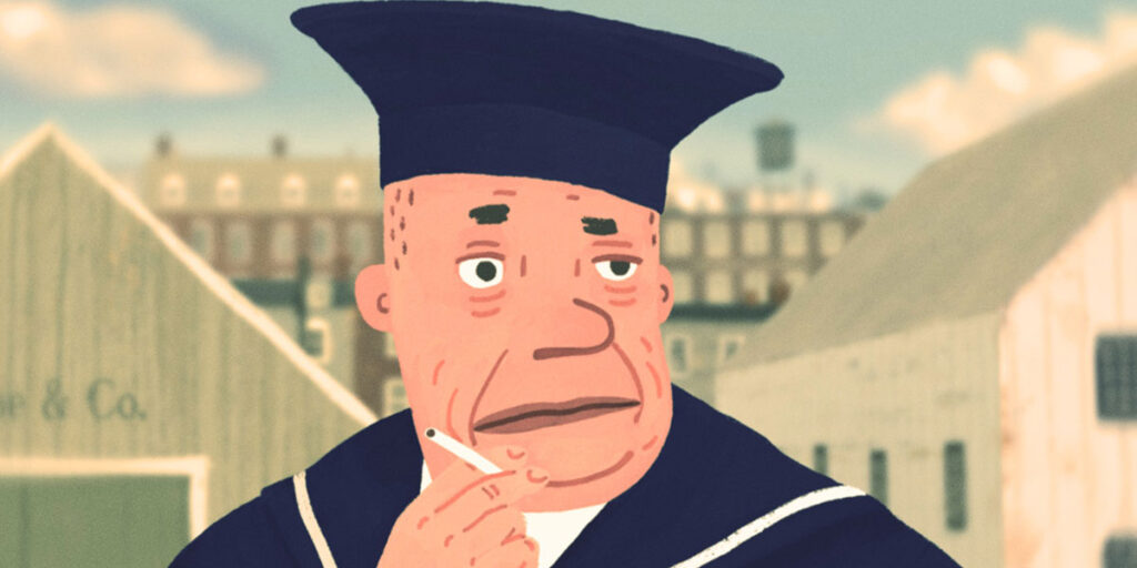 Still from Amanda Forbis and Wendy Tilby's animated short The Flying Sailor, which screens at TIFF 2022. The Flying Sailor is one of the 10 best must-see shorts of TIFF 2022. A still of an animated short in which a man, seen from the soldiers up in a sailor's blue outfit, smoking a cigarette, is set against the buildings by the docks in Halifax, Nova Scotia.
