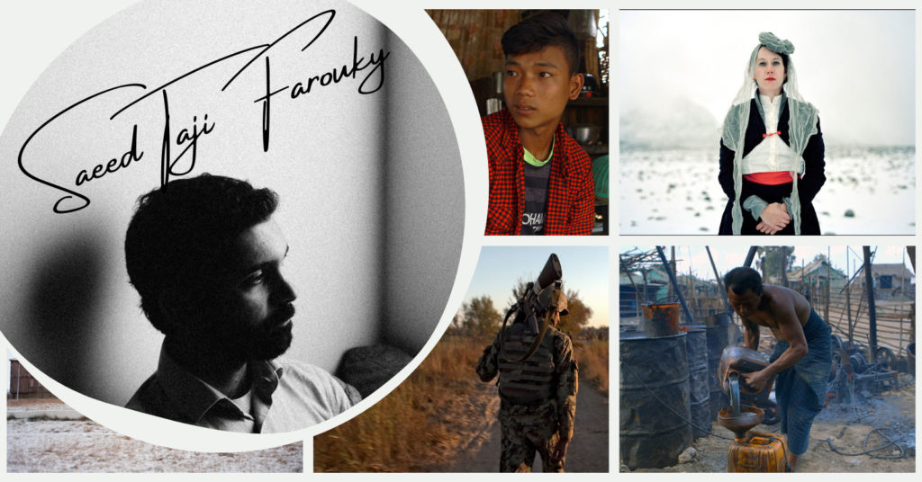 Saeed Taji Farouky's headshot, and cursive text of his name, is set against a collage of stills from his films, including his latest documentary film, A Thousand Fires.