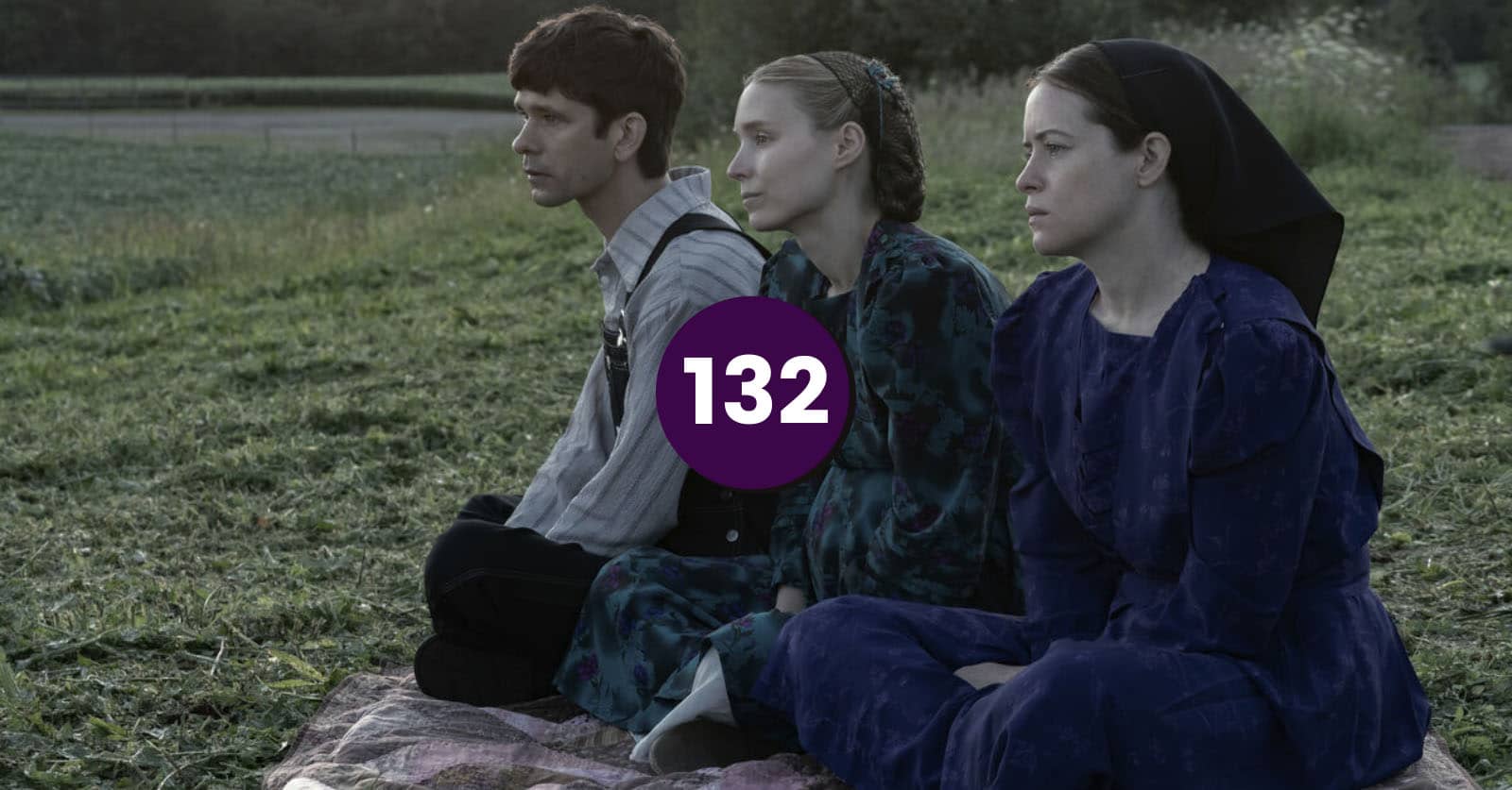Still from Women Talking the film which we discuss on the podcast. From left to right: Ben Whishaw, Rooney Mara, and Claire Foy star in Sarah Polley's film Women Talking. They are all dressed as mennonites.