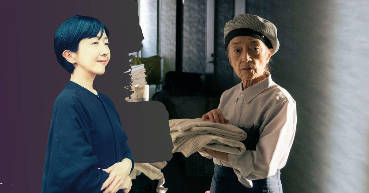 Plan 75 director Chie Hayakawa (left) and Chieko Baisho in a still from the film (right) wearing her maid uniform at her hotel job, looking into the lens.