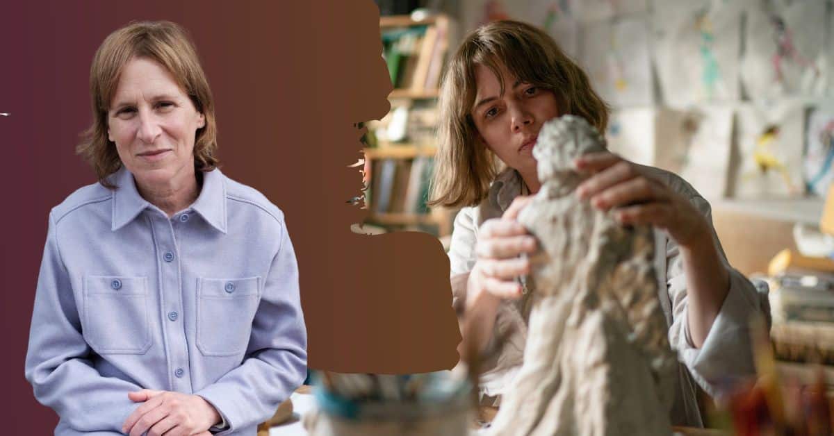 Director Kelly Reichardt (left) and still of Lizzy (Michelle Williams) working on a sculpture in the film Showing Up.