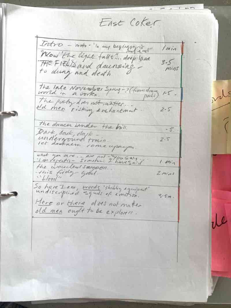 Notes on East Coker from Sophie Fiennes' director's script of The Four Quartets. Sophie Fiennes is interviewed about The Four Quartets on the podcast.