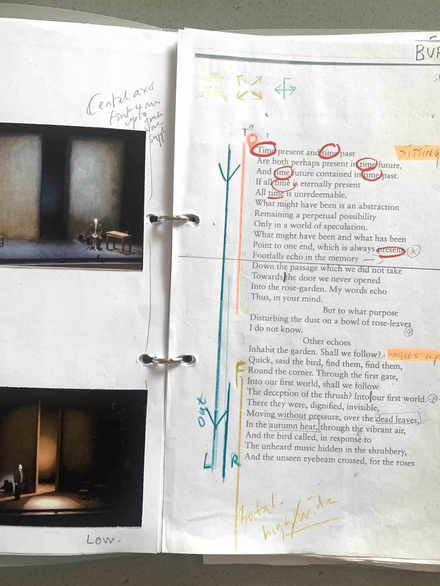 An excerpt from the director's script for The Four Quartets, courtesy of Sophie Fiennes, who is interviewed on the podcast. Left: still images of the stage and Ralph Fiennes. Right: a passage from the East Coker Quartet is marked up with information on lighting, blocking, and camera choices.