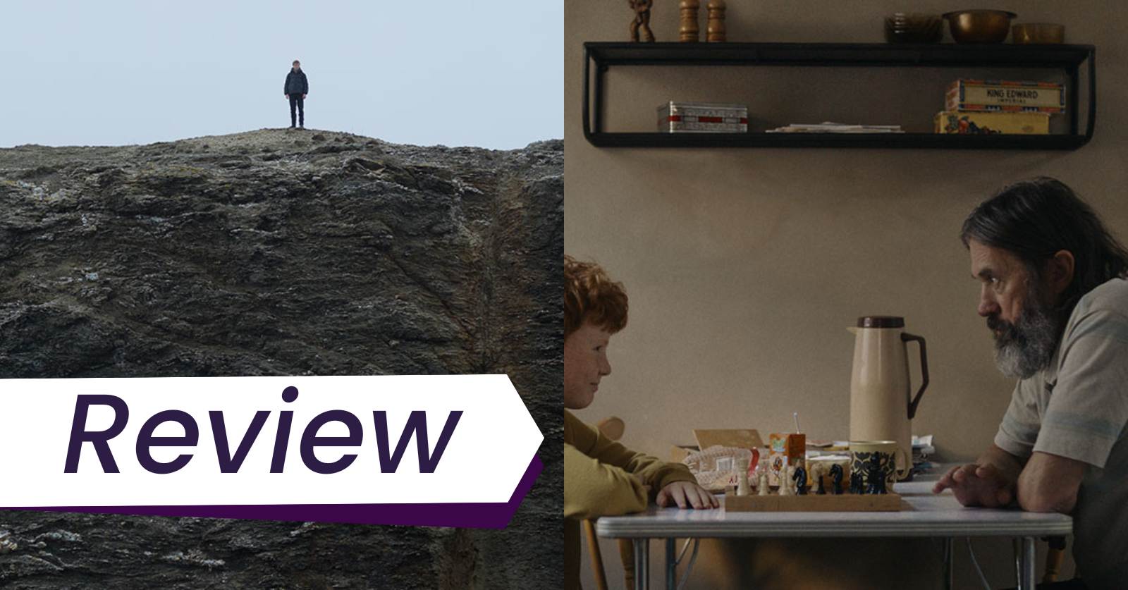 Left: Lars (Jona Levin Nicolai)stands on a cliff in Hanna Slak's film Not a Word. Right: A boy and a middle-aged man play chess in Ninna Pálmadóttir's film Solitude. Photo courtesy of TIFF.
