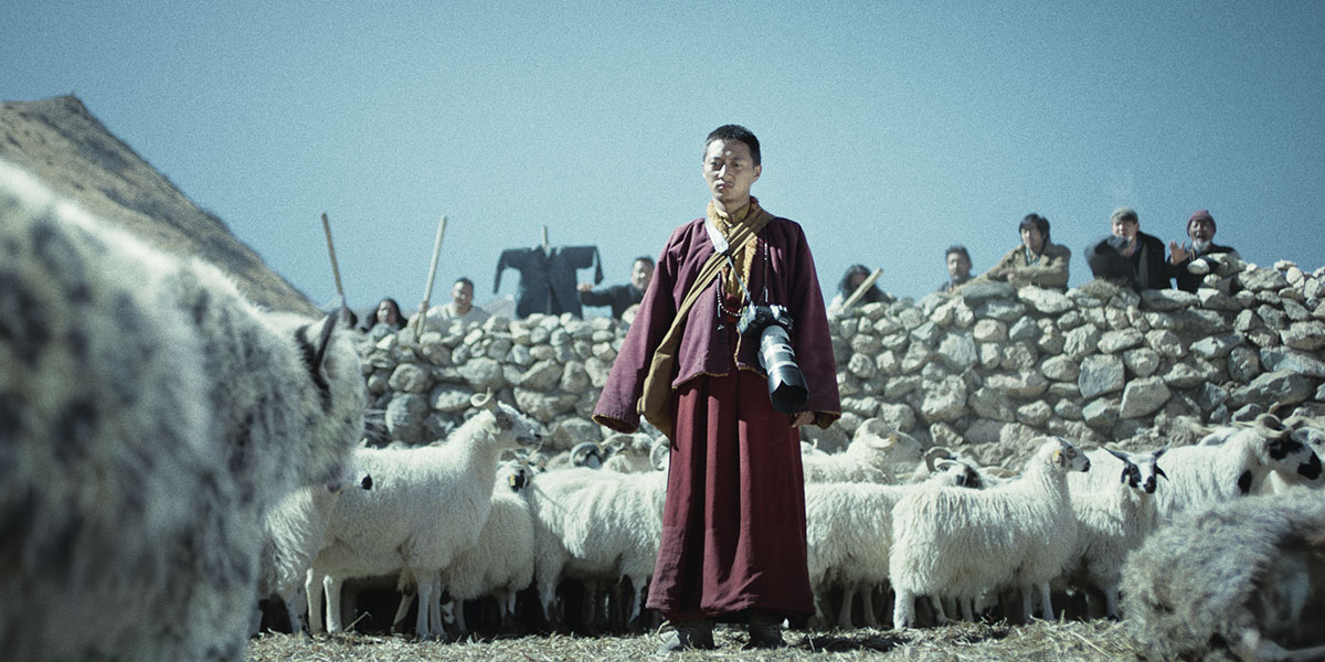 A monk confronts a snow leopard in a pen full of rams as people look on in Pema Tseden's Snow Leopard, one of the best acquisition titles at TIFF 2023.