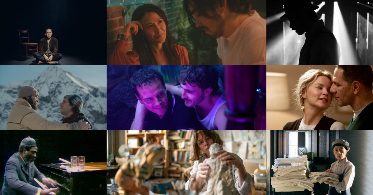 A collage of the best films of 2023. Left to right from top: Four Quartets, Stellar, The Strange Case of Dr. Jekyll and Mr. Hyde, Eight Mountains, All of Us Strangers, Other People's Children, Rewind & Play, Showing Up, Plan 75.