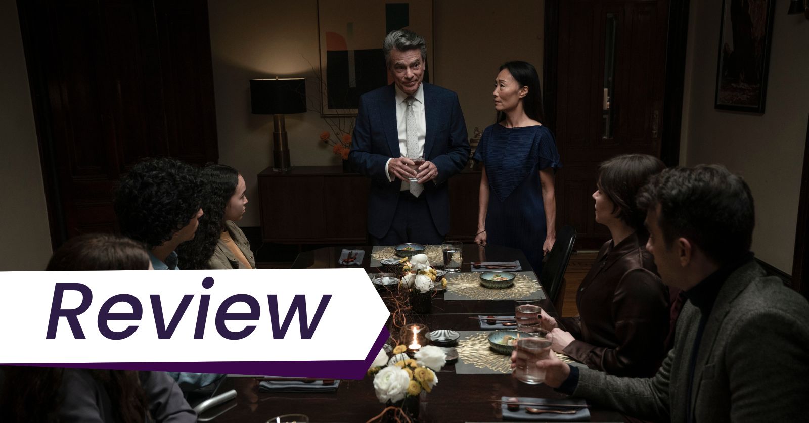 Still of the Last Supper dinner scene in Caitlin Cronenberg's feature film debut Humane, featuring Peter Gallagher, Jay Baruschel, and Emily Hampshire. 