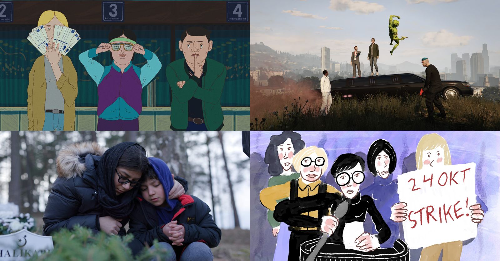Stills from animated documentary films at HotDocs 2024 (clockwise from top left): Pelikan Blue, Grand Theft Hamlet, The Day Iceland Stood Still, and Silent Trees. Photos courtesy of HotDocs.