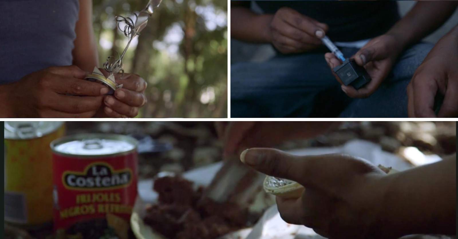 Top left:  Fig. 3 Bending aluminium cans into statuettes. Screenshot from Border South by the author. Top right: Fig. 4 Impromptu tattooing with syringes and a printer cartridge. Screenshot from the film Border South by the author. Bottom: Fig. 5: Using an aluminium lid to spread canned beans atop tortillas. Screenshot by the author.