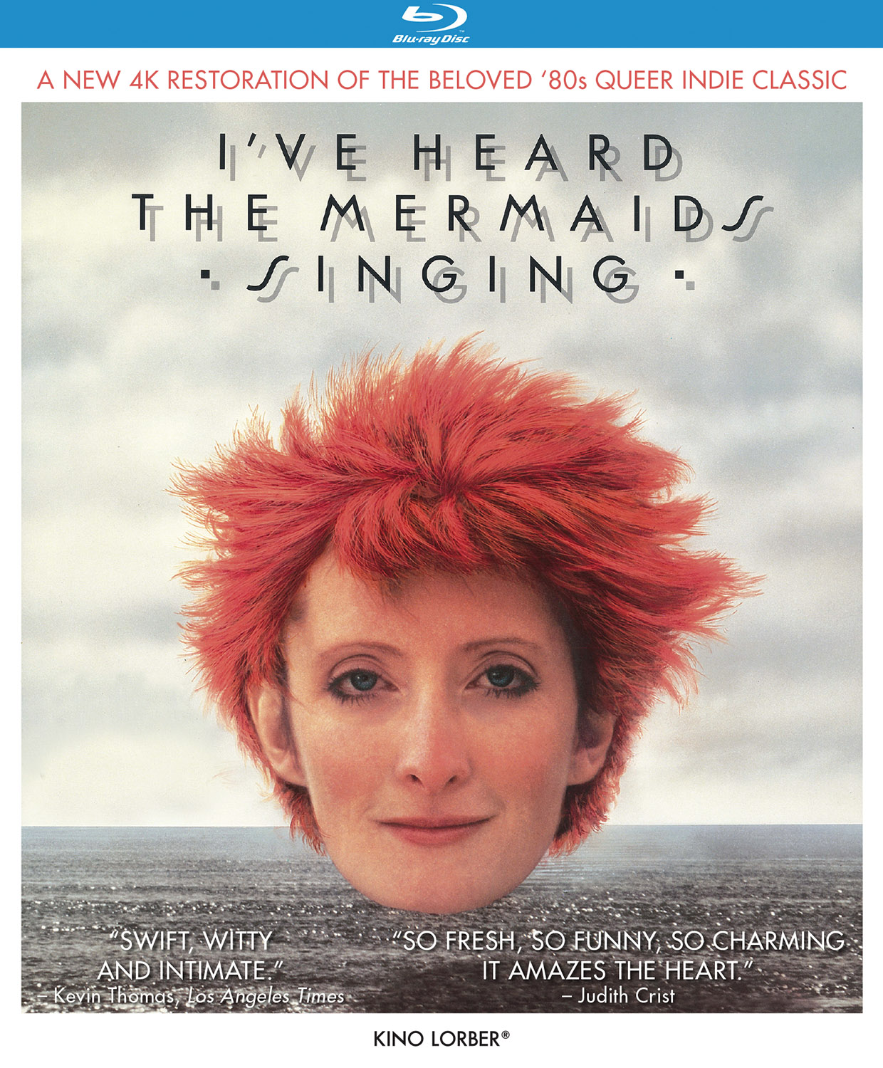 Cover of the Blu-ray of Patricia Rozem's I've Heard the Mermaids Singing one of the top 4 films to buy in the 2024 Kino Lorber Summer sale. The head of a red-haired woman floats above the lake against a grey sky. 