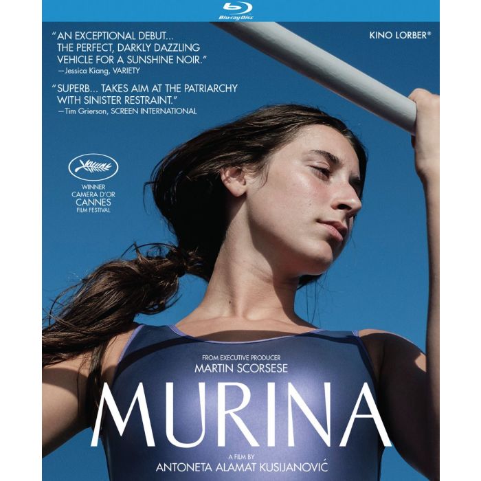 This is the Blu-ray cover of the film Murina, one of the best films to buy in the 2024 Kino Lorber Summer Sale. A teenage girl in a metallic blue swimsuit looks out to the side against a blue sky background.