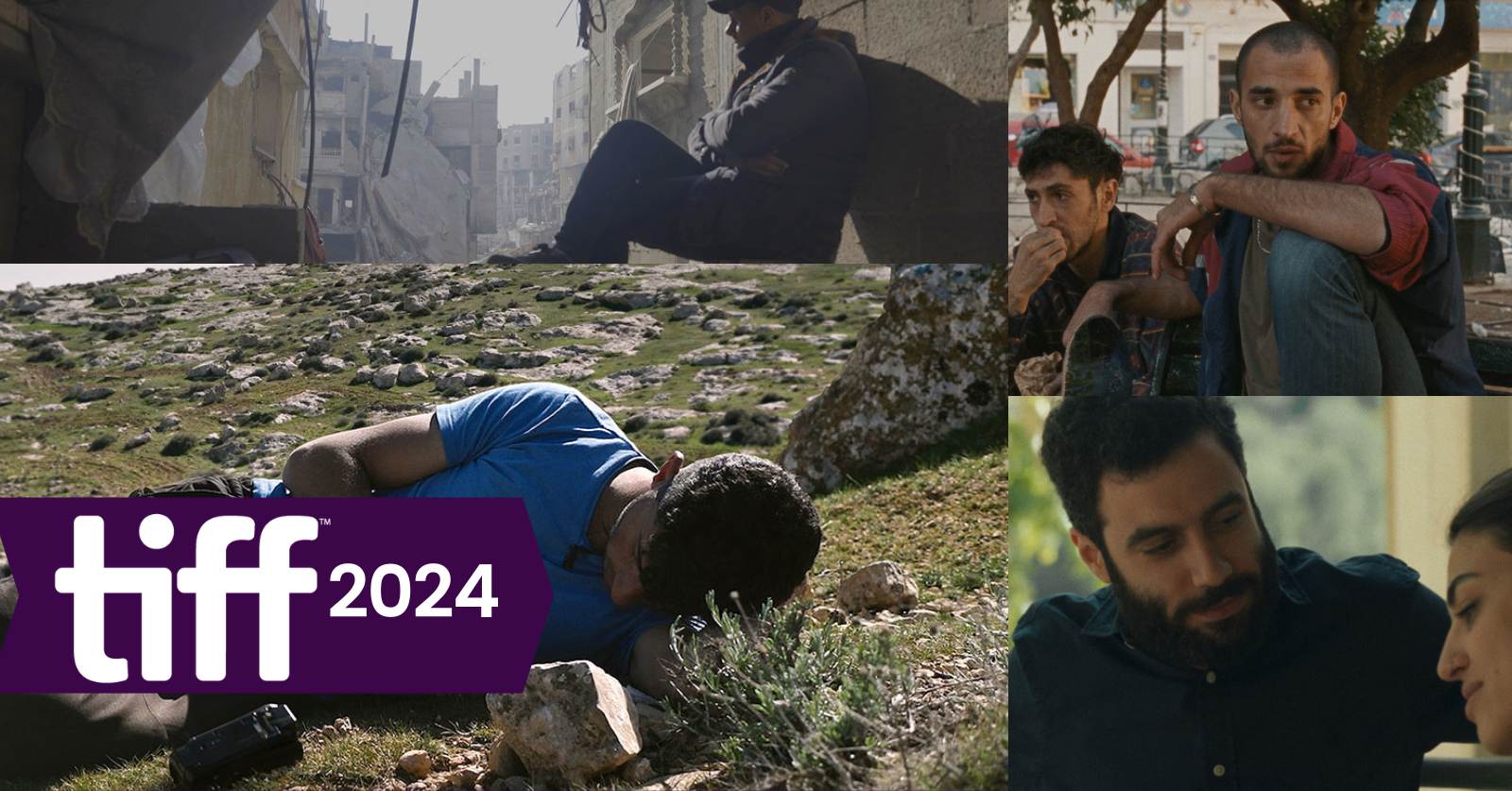 Stills from four Palestinian films at TIFF 2024 discussed on the podcast: From Ground Zero, To a Land Unknown, No Other Land, and Happy Holidays