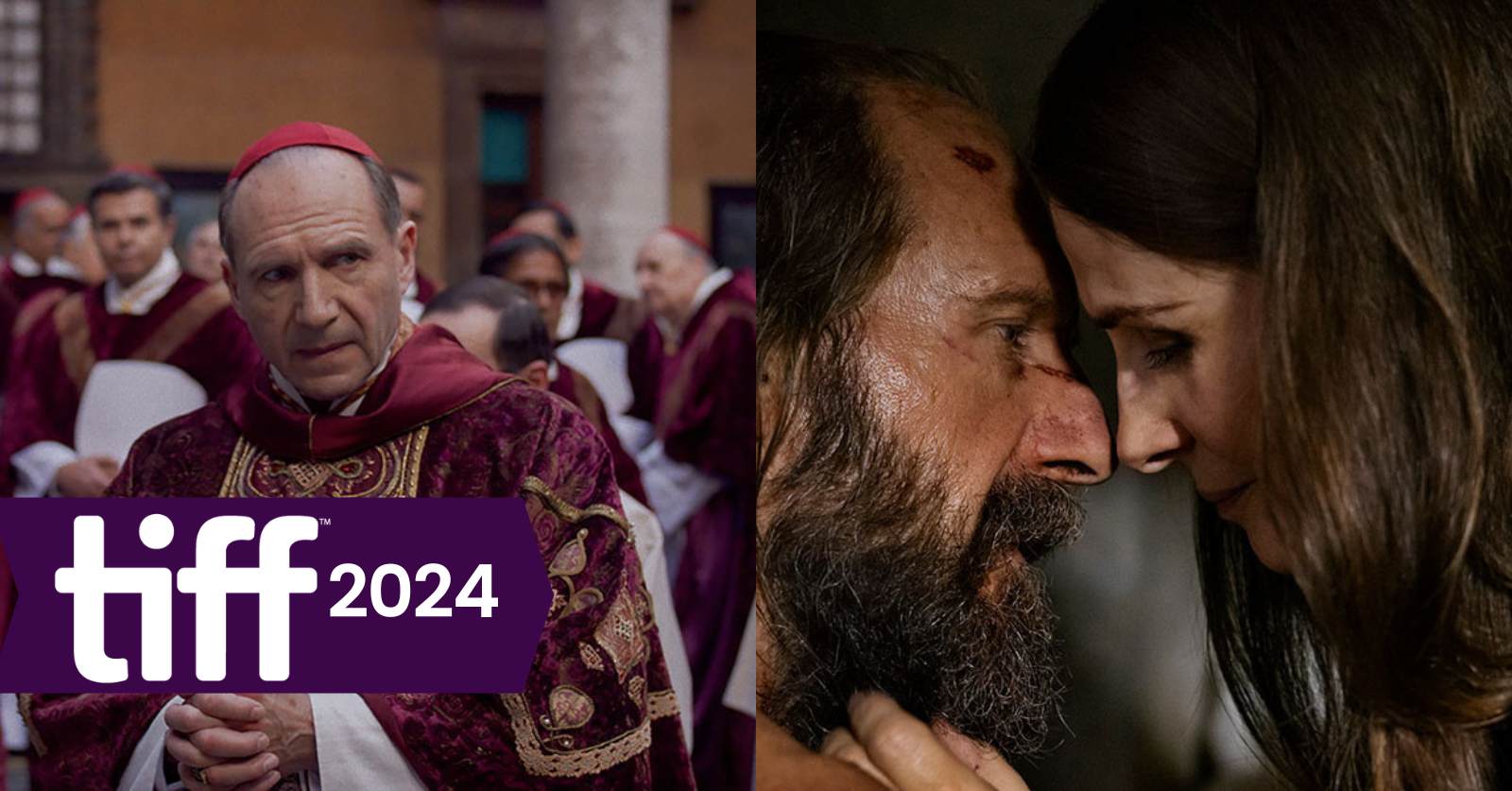 Stills from Conclave (left) and The Return (right) starring Ralph Fiennes, and Alex discusses both TIFF films on the podcast . Juliette Binoche is also pictured (right) in The Return. Photos courtesy of TIFF.