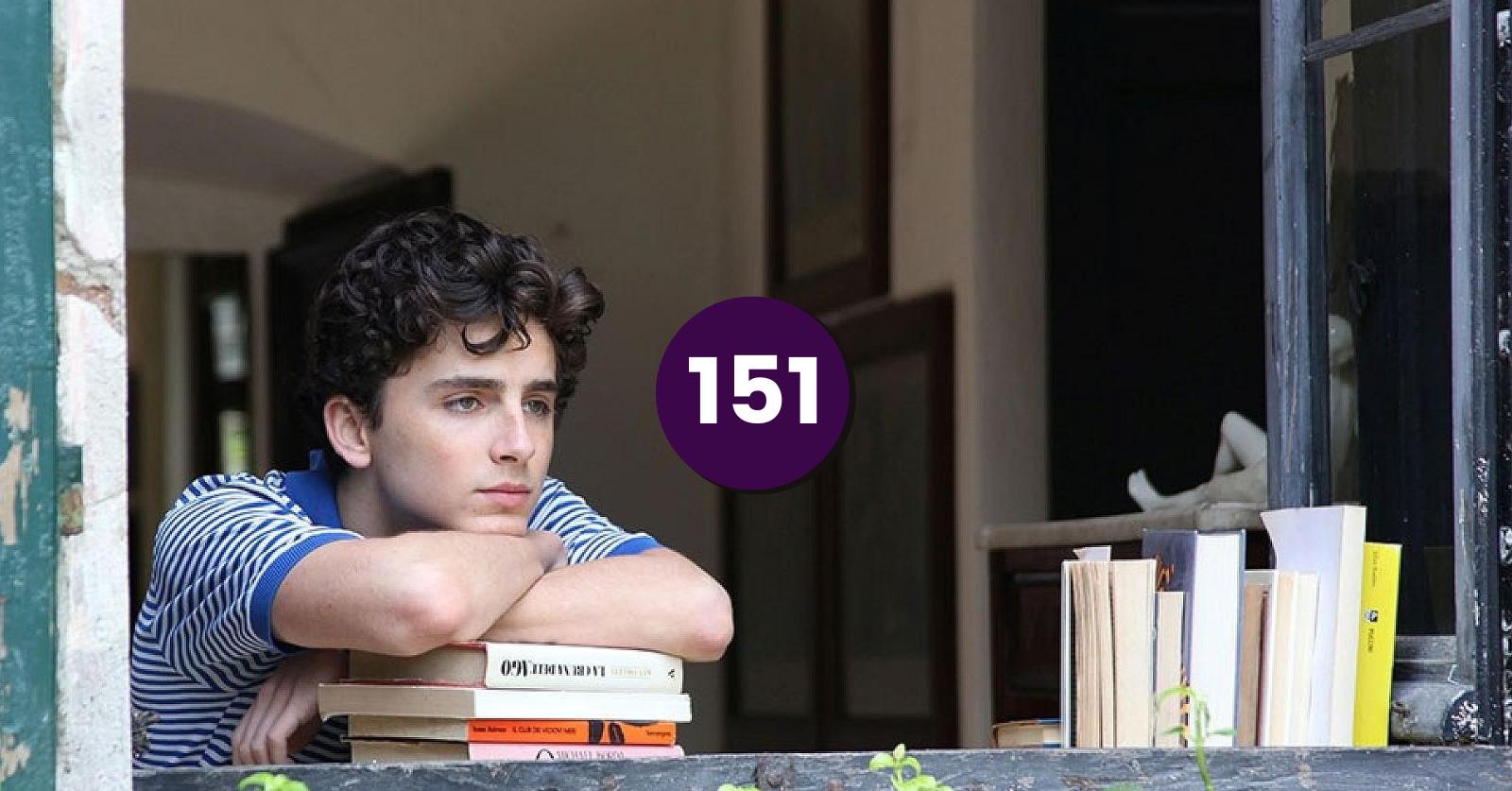 Still of Timothee Chalamet in a blue striped shirt leaning on a pile of books in Luca Guadagnino's Call Me by Your Name which Alex discusses on the podcast