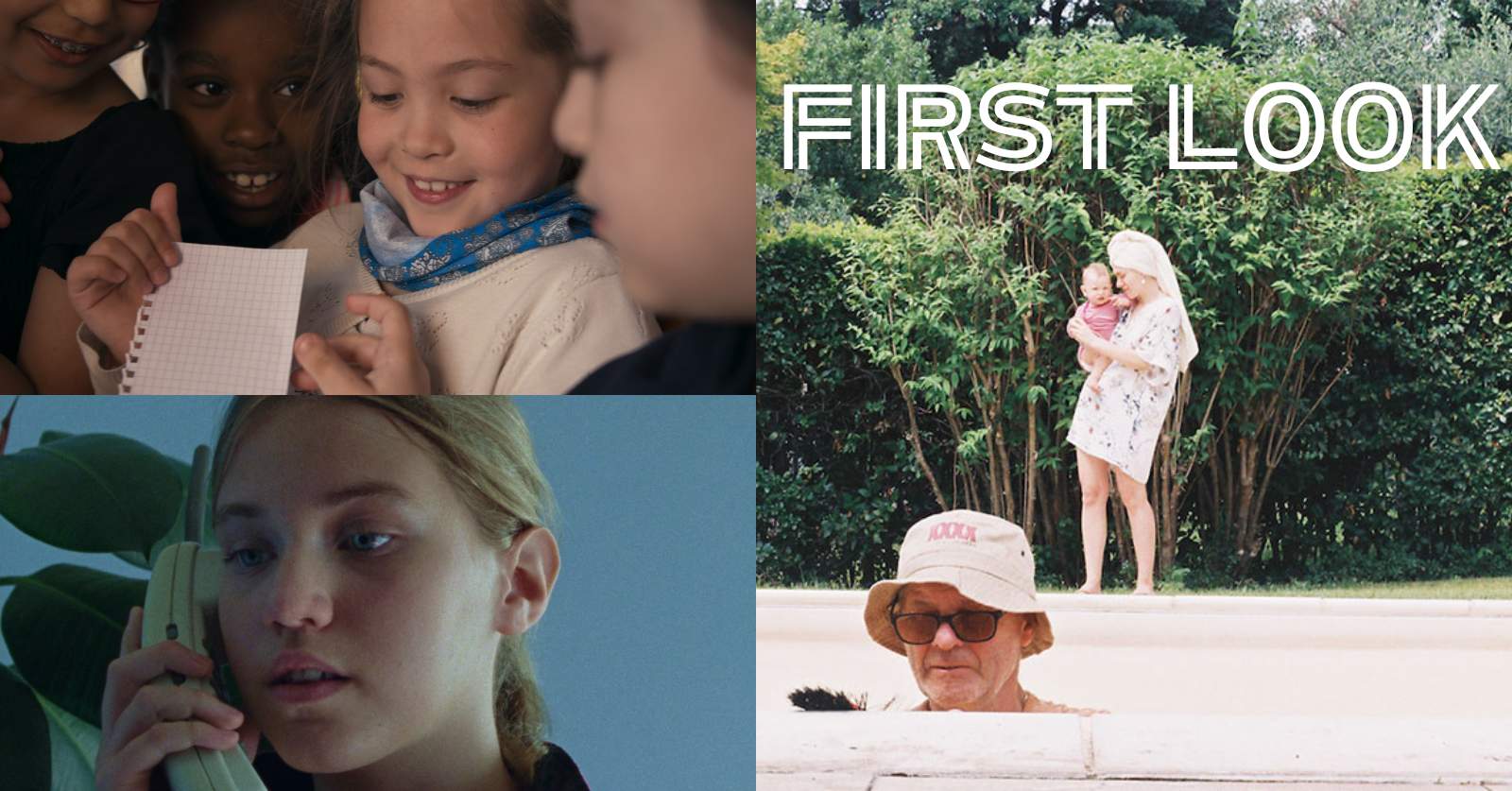 Highlights of the 2025 First Look Festival at the Museum of the Moving Image: Claire Simon's Elementary (top left)), Iva Radivojević's When the Phone Range (bottom left) and Lina Vdovîi and Radu Ciorniciuc's Tata ( right)