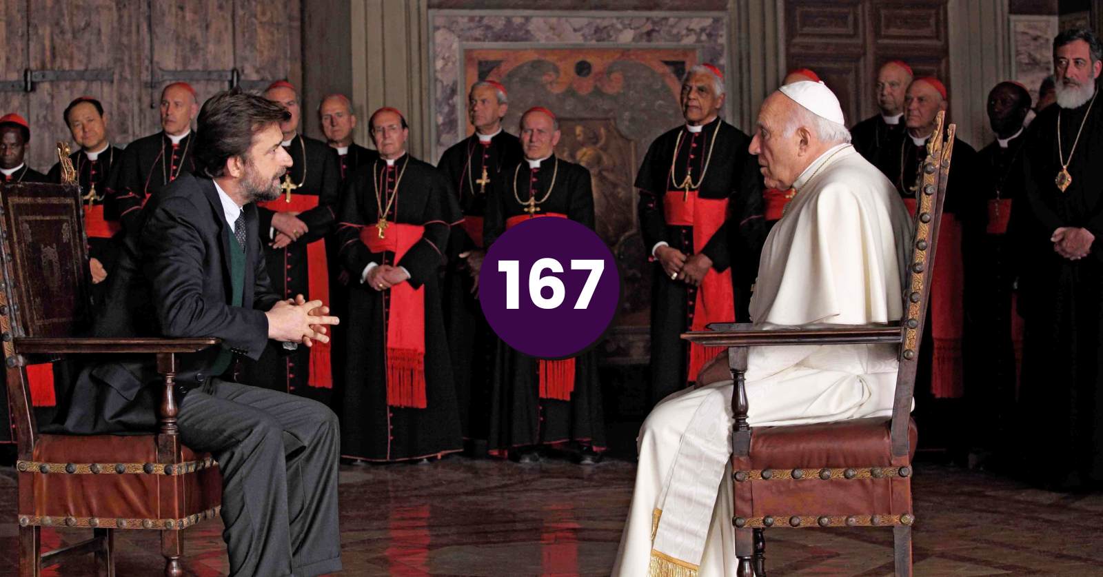 Still from Nanni Moretti's 2011 film We Have a Pope, which Alex recommends on the podcast. In this still, the pope meets with a psychiatrist — in front of all of the cardinals.