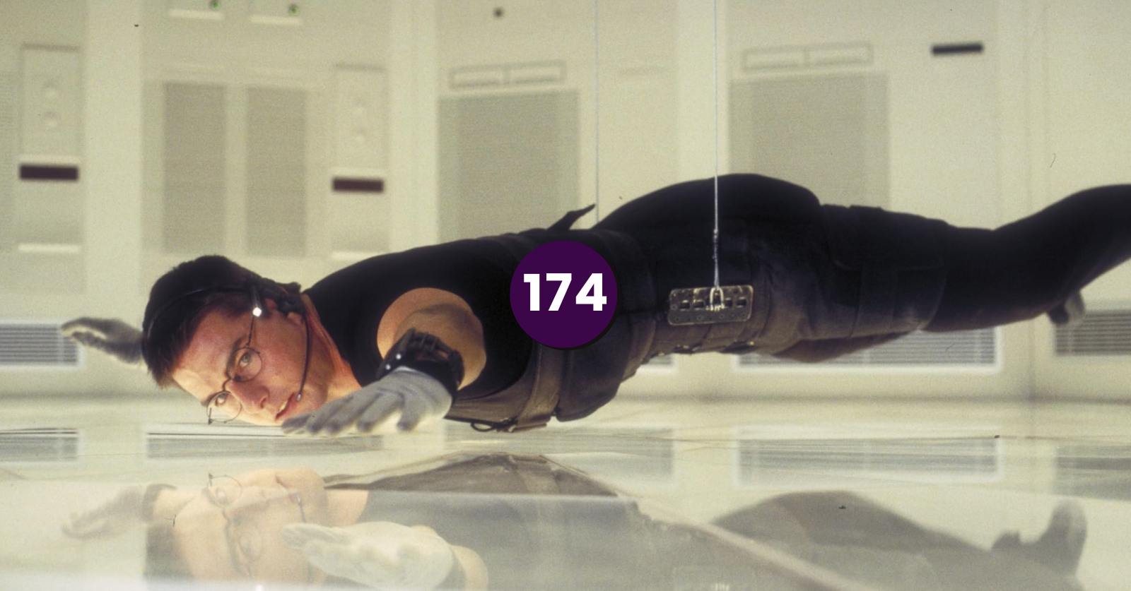 Still of Tom Cruise in the Langley set piece in Brian de Palma's Mission: Impossible (1996), which we discuss on the podcast.