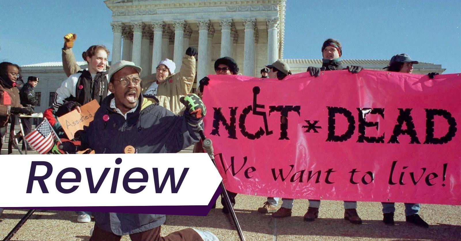 Still from Reid Davenport's film Life After, which we review out of the HotDocs Film Festival. Protestors hold up a sign that says "Not dead, we want to live!"